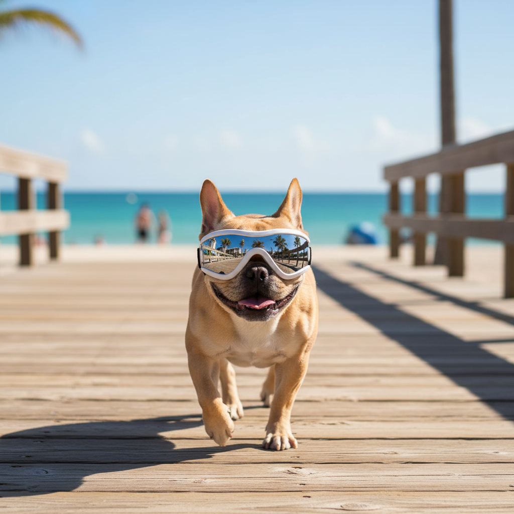 French Bulldog White Silver Goggles Beach